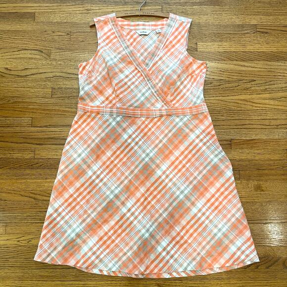 LL Bean Sleeveless Linen Blend Dress Plus Sz 20 Petite Peach/Pink Plaid - Picture 11 of 12